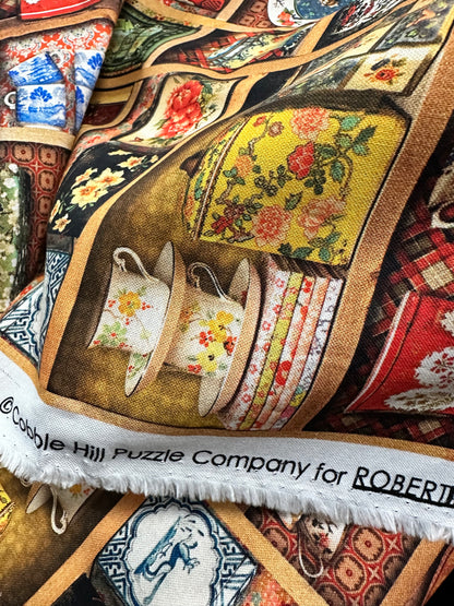 Library of Rarities - ANTIQUE - Vintage China - Plates and Cups on a wooden cabinet - Robert Kaufman - Priced per half metre