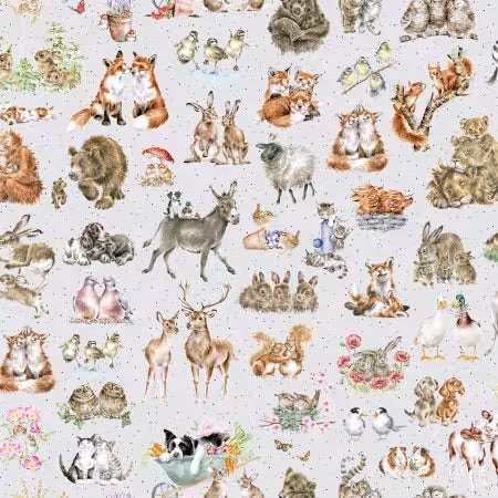 Soft Grey one way packed animals - Together is better - by Hannah Dale Collection-  Hannah Dale for Maywood Studio - sold by the half metre