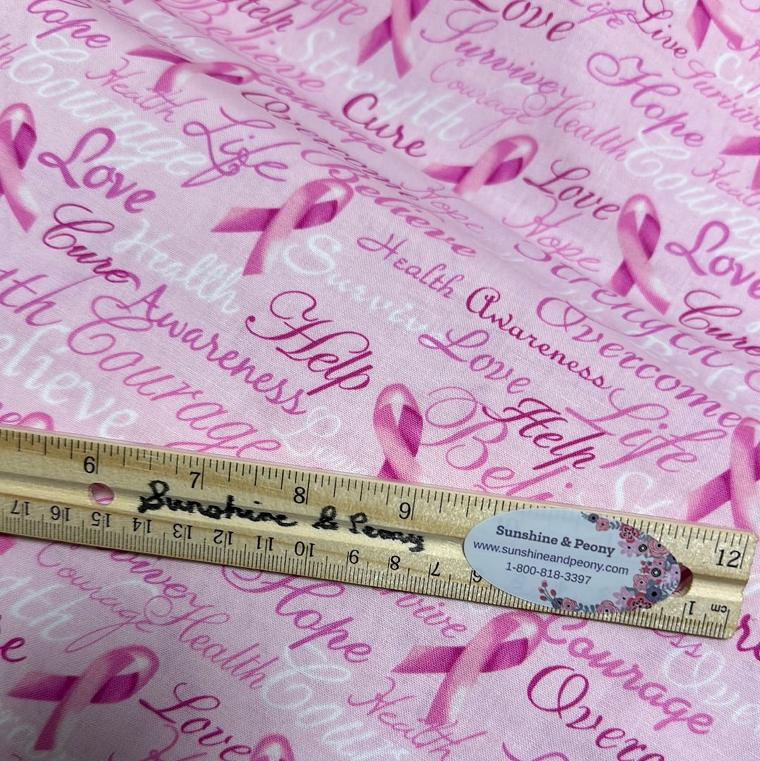 Timeless Treasures - Pink Ribbon Cure Words - Priced Per Half Metre