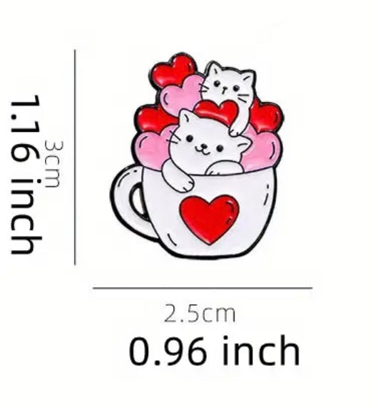 Enamel Pins - White Cats in a Mug with Red and Pink Hearts