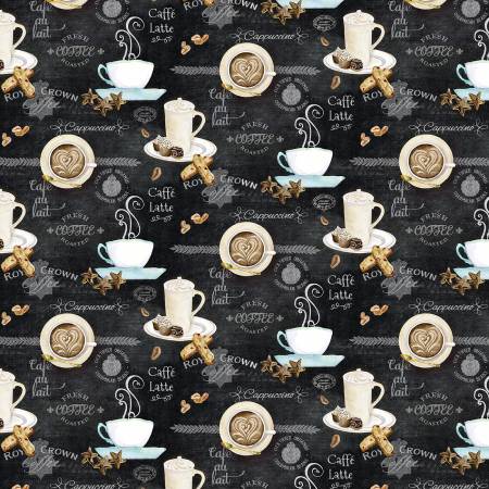 All Over Coffee from P & B Textiles - Deja Brew Collection by Audrey Jeanne - Black