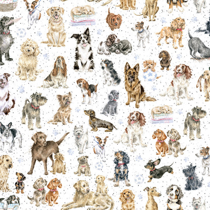 Tossed Dogs on white part of the Whiskers & Paws by Hannah Dale Collection-  Hannah Dale for Maywood Studio - sold by the half metre