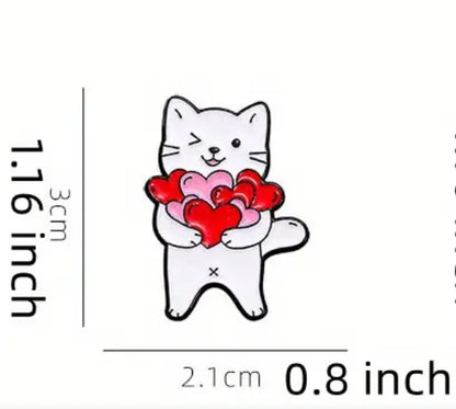 Enamel Pins - White Cat Winking with Bouquet of Hearts