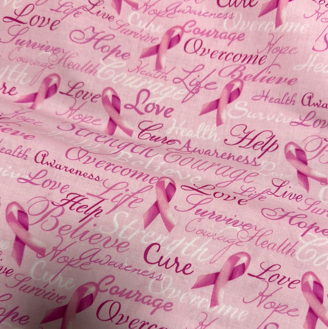 Timeless Treasures - Pink Ribbon Cure Words - Priced Per Half Metre