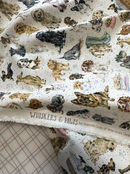 Tossed Dogs on white part of the Whiskers & Paws by Hannah Dale Collection-  Hannah Dale for Maywood Studio - sold by the half metre