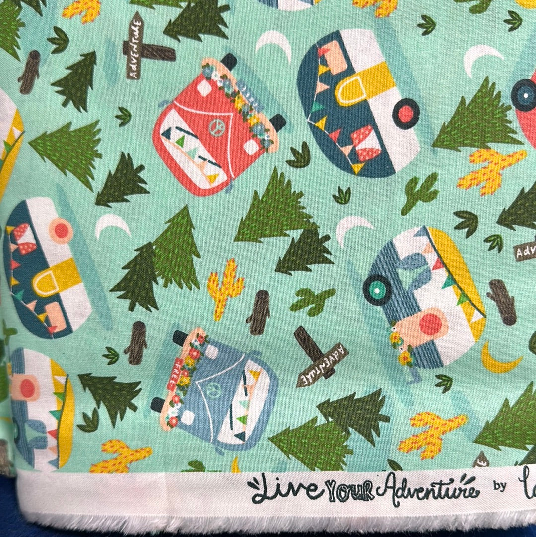 Last Cut - Approx 24-25" x Width of fabric - 3 Wishes Fabric -  Happy Camper - Live your Adventure - Turquoise no