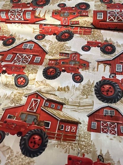 David Textiles - Farm Tractors - Red on cream - Priced per half Metre