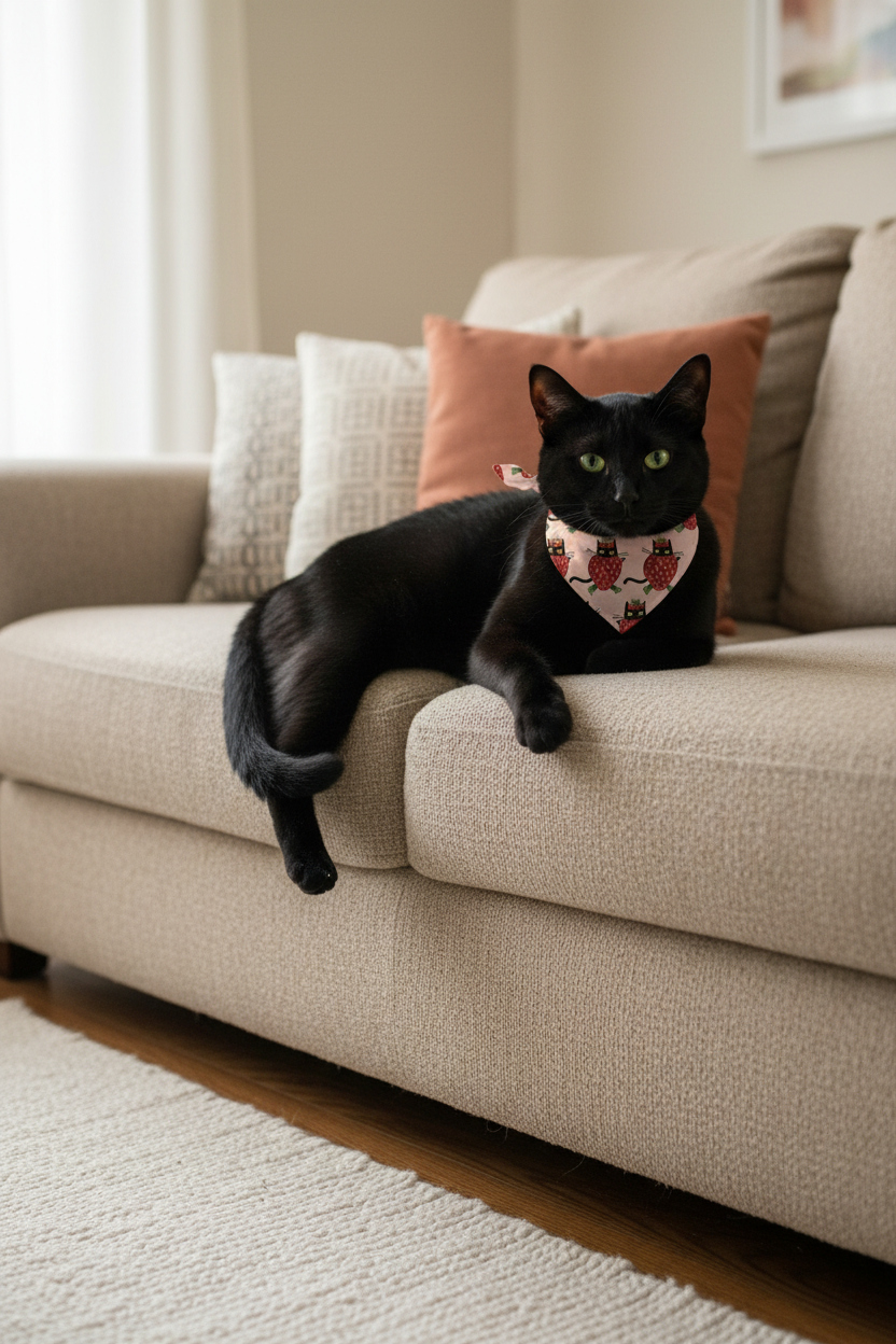 A black cat wearing a strawberry-patterned bandana lies on a beige fabric sofa in a living room setting.