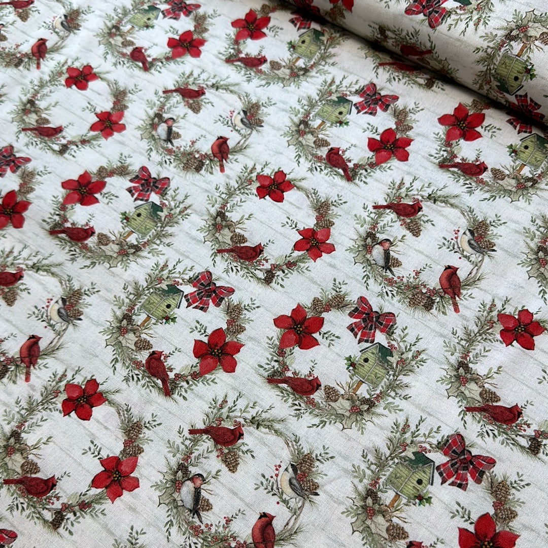 Back in stock - Christmas by Susan Winget Collection - Cardinal Wreaths - Priced per half metre