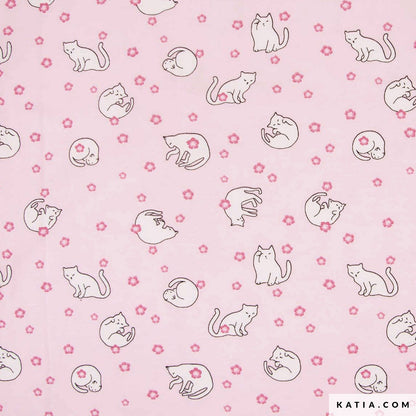Tricot - Katia Fabrics - Rose - Chats en fleurs de cerisier - Jersey - vendu au demi-mètre 