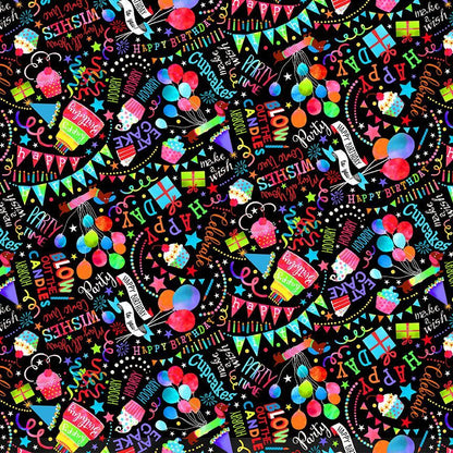 Last 18.75” x width of fabric - Timeless Treasures -  Party Animal Collection - Happy Birthday Wishes - Black