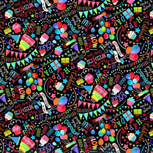 Last 18.75” x width of fabric - Timeless Treasures -  Party Animal Collection - Happy Birthday Wishes - Black