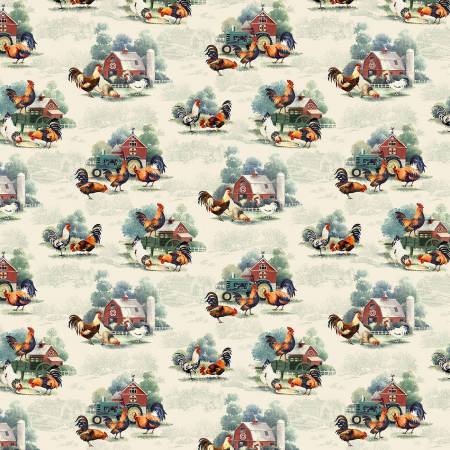 P & B Textiles - Allover Roosters - Multi - Rooster Farm House by Retro Vintage Collection