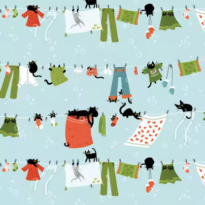 Dear Stella - Hanging out - Sky - Part of the Cats in the Laundry Collection by Leezaworks for Dear Stella - Priced by the Half Metre