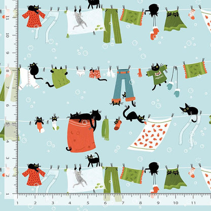 Dear Stella - Hanging out - Sky - Part of the Cats in the Laundry Collection by Leezaworks for Dear Stella - Priced by the Half Metre
