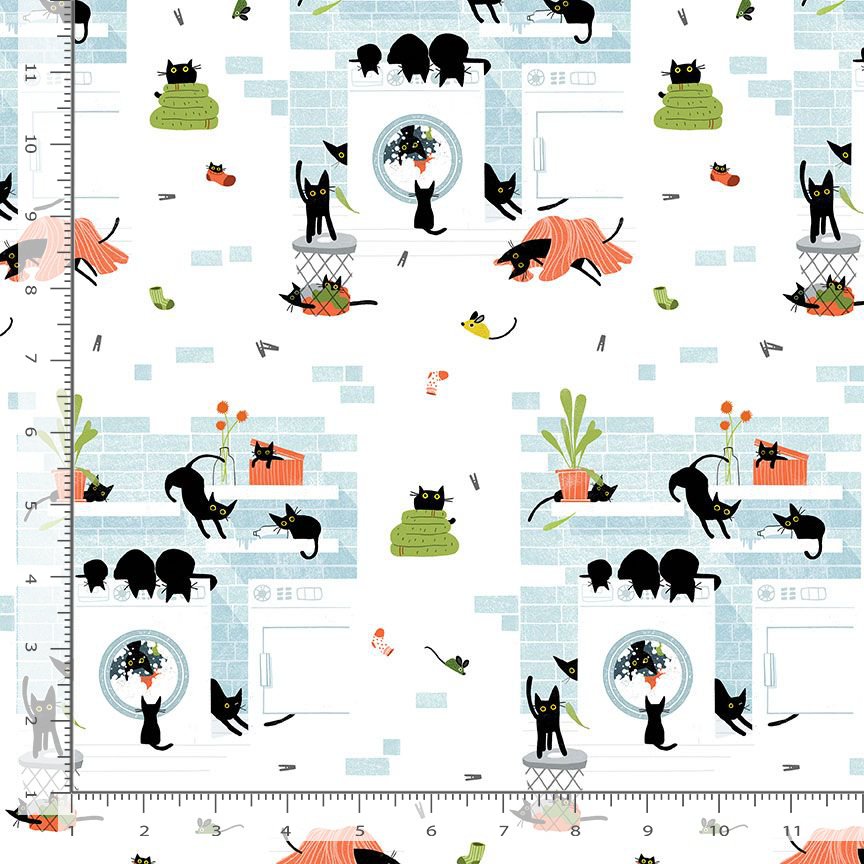 Dear Stella - Rinse Repeat - White - Part of the Cats in the Laundry Collection by Leezaworks for Dear Stella - Priced by the Half Metre