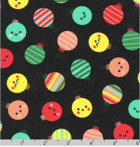 Merry Cheer - Ornaments on black - by Ann Kelle Designs for Robert Kaufman - priced per half metre