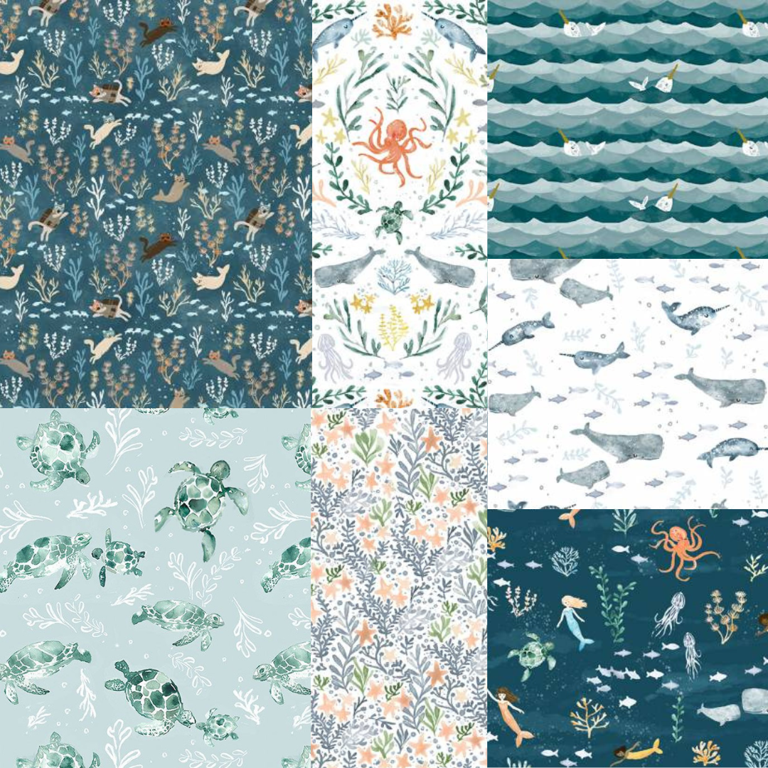 Last 17” x width of fabric Dear Stella  -  La Mer Collection - Narwals - Multi