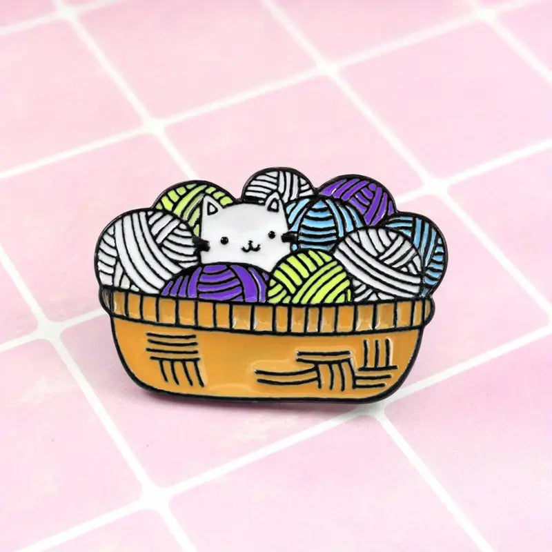 Enamel Pin  - Cute Cat in a yarn basket