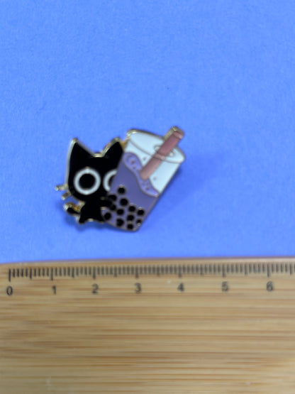 Enamel Pin  - Black Cat with Bubble Tea