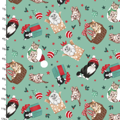 3 Wishes Fabric -  Santa Paws - Purrfect Package - Green