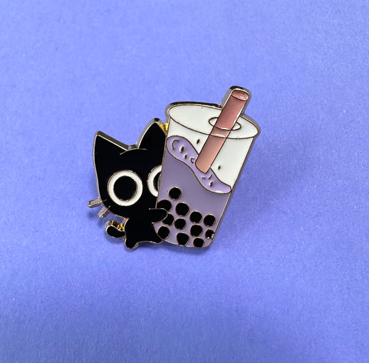 Enamel Pin  - Black Cat with Bubble Tea