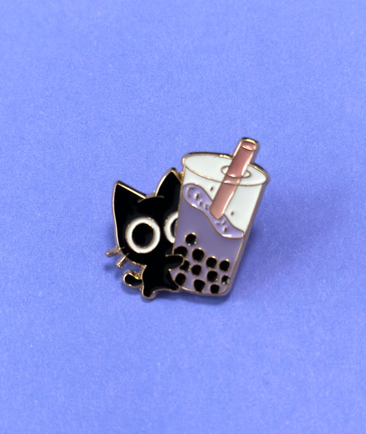 Enamel Pin  - Black Cat with Bubble Tea