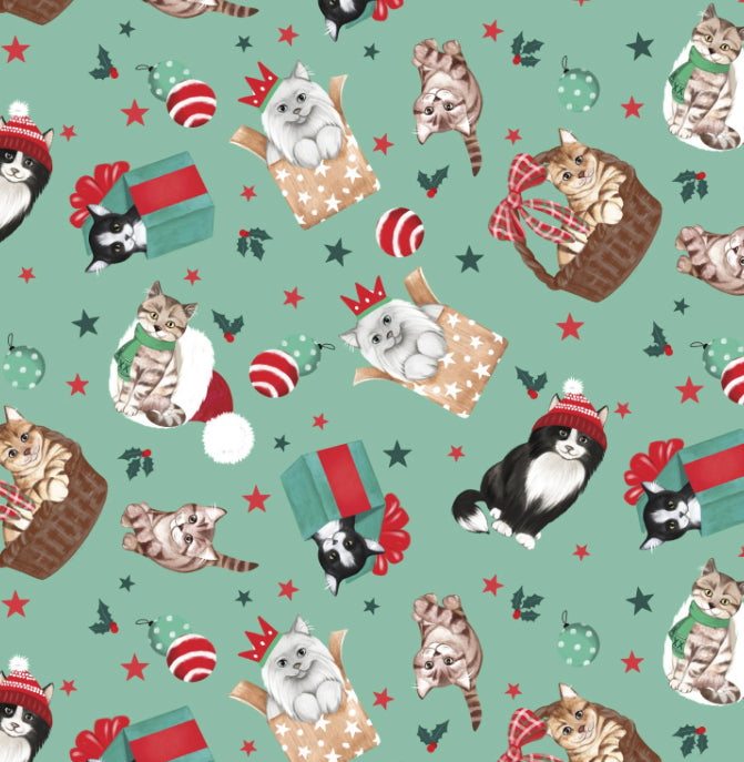 3 Wishes Fabric -  Santa Paws - Purrfect Package - Green