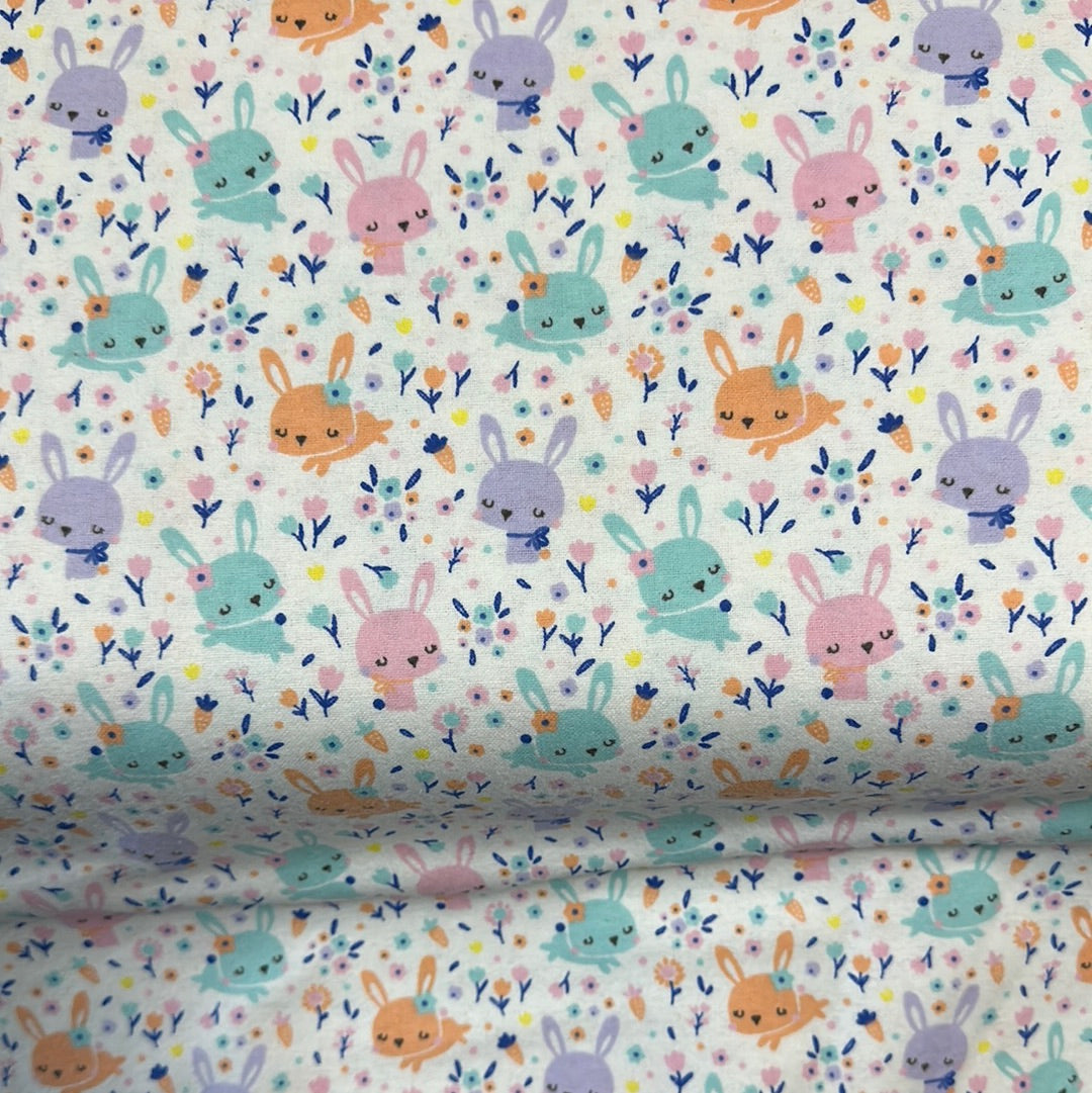 Flannel - Bunny Heads - Pastel Bunny Heads and Floral on White