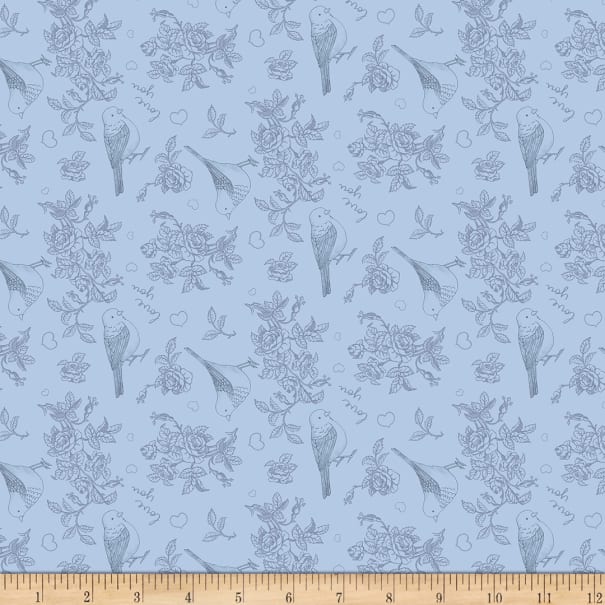 Last 54” x width of fabric - almost 1.5 metres- Clothworks - Pen Pal  - Light Denim Toss - Birds, Floral , Hearts