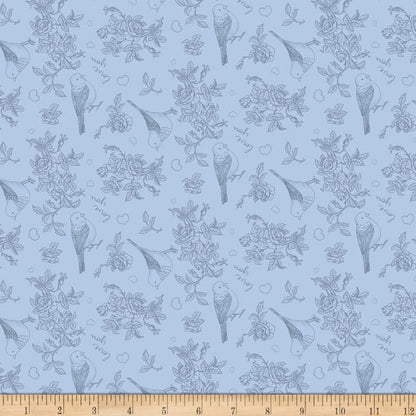 Last 54” x width of fabric - almost 1.5 metres- Clothworks - Pen Pal  - Light Denim Toss - Birds, Floral , Hearts