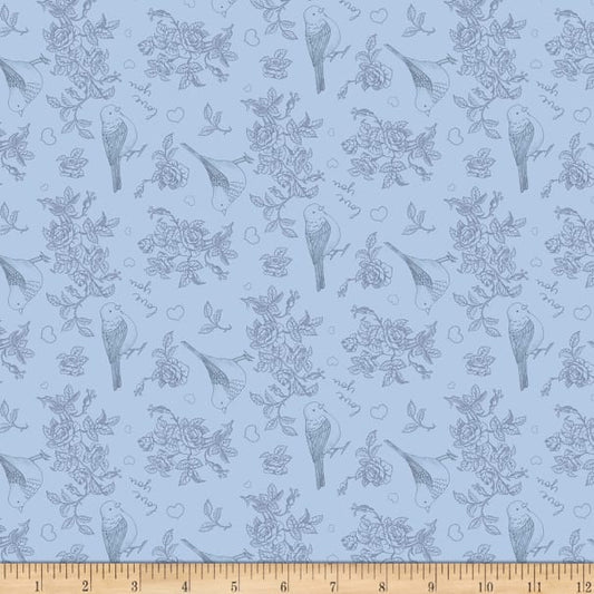 Clothworks - Pen Pal - Light Denim Toss - Oiseaux, Floral, Coeurs
