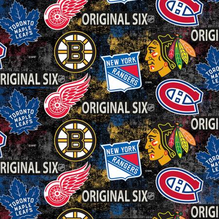 NHL Hockey - Original Six Distressed Tossed Logo Allover Cotton - Per Half Metre