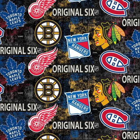 Back in stock - NHL Hockey - Original Six Distressed Tossed Logo Allover Cotton - Per Half Metre