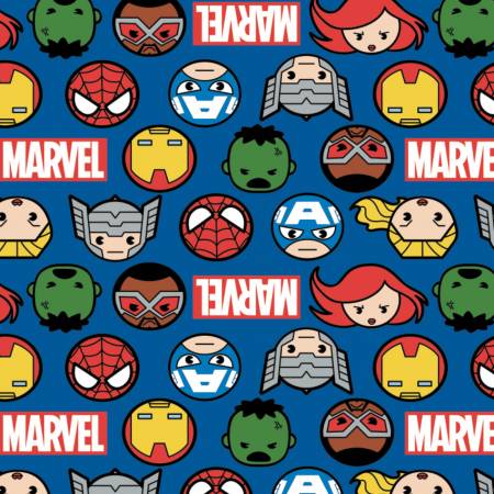 Camelot Fabrics - Marvel Kawaii Hero Faces & Logo - Blue