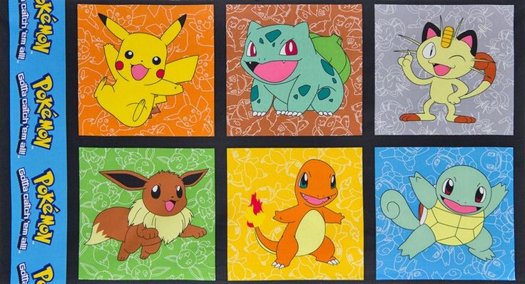 Panel - Pokémon - Starters -  Gotta Catch em' All - Robert Kaufman Fabrics