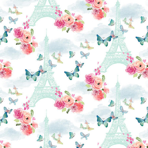 Blank Quilting  - Love is in the Air - Eiffel Tower with flowers and Butterflies  - White