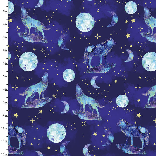 3 Wishes Fabric - Arctic Wonder - Howling at the Moon - Navy - Metallic