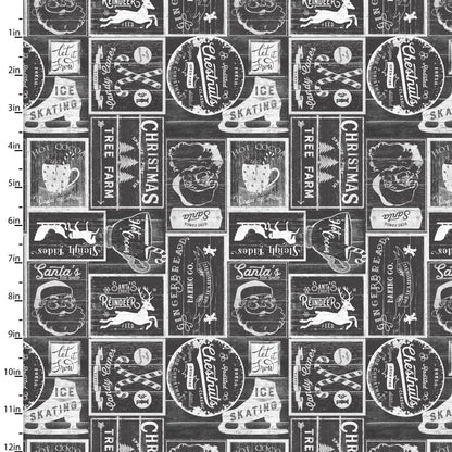 3 Wishes Fabric -  A Christmas to Remember - Vintage Patch - Charcoal