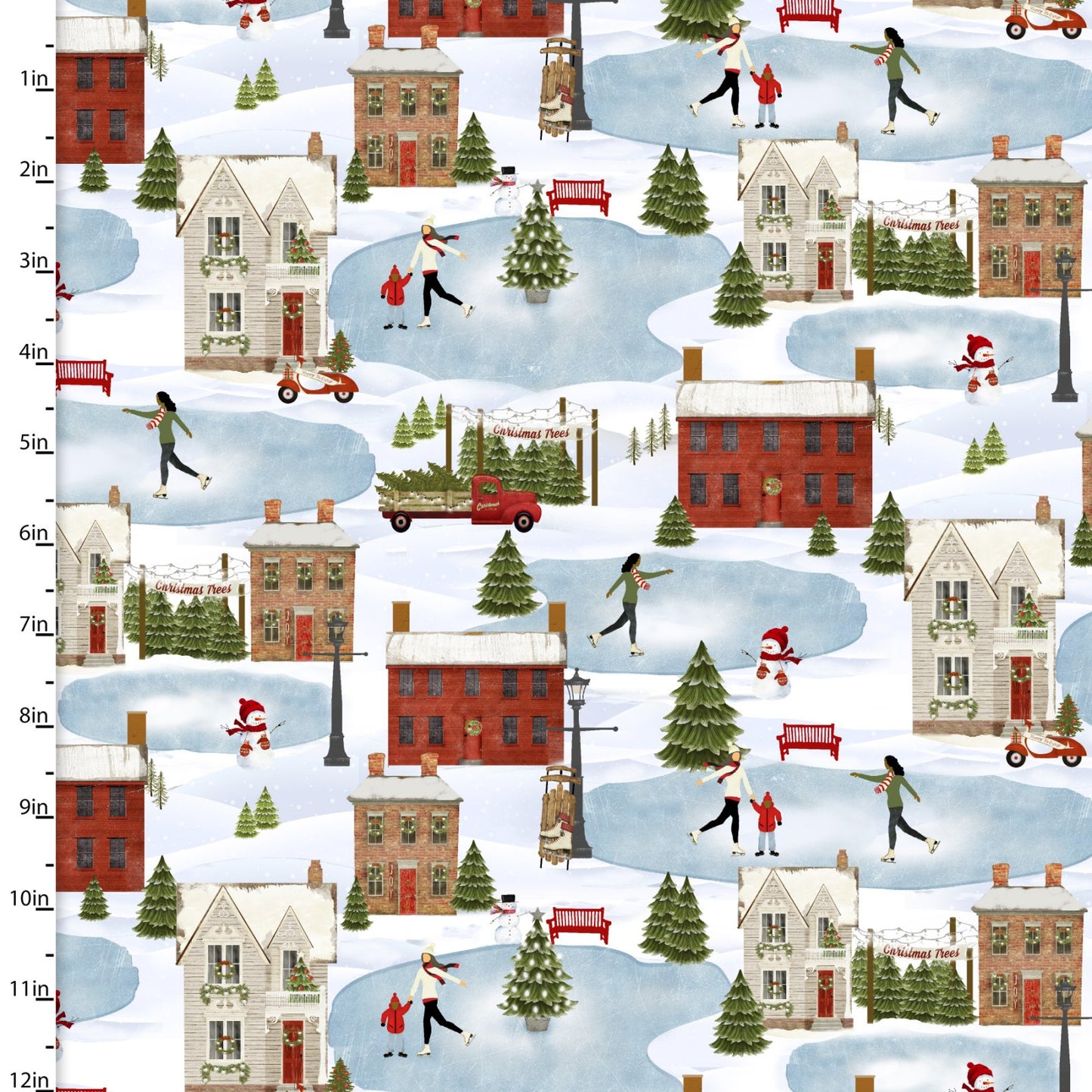 3 Wishes Fabric -  A Christmas to Remember - Skating Village - White