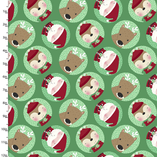 3 Wishes Fabric -  Snow and Hot Cocoa - Tossed Faces - Green