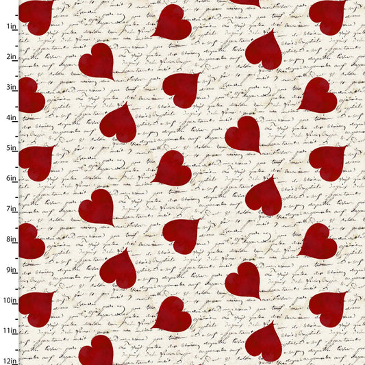 3 Wishes Fabric -  Love Letter and Hearts - Beige