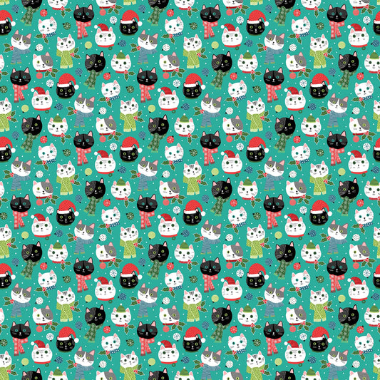 Northcott Fabrics -  Santa Paws - Turquoise Multi  - Festive Cat Heads - Cotton Woven Fabric