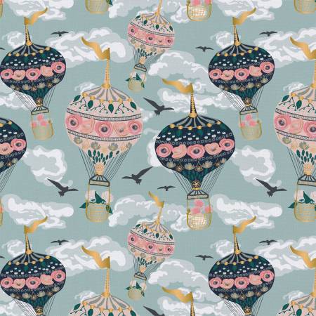 Last cut from bolt  - 46.5" x width of fabric - Emma & Mila - Up, Up & Away by Teresa Chan -  Light Blue Metallic Hot Air Balloons