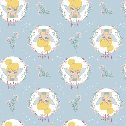 Camelot Fabrics - Peter Pan and Tinker Bell Collection - Floral Badges - Light Blue