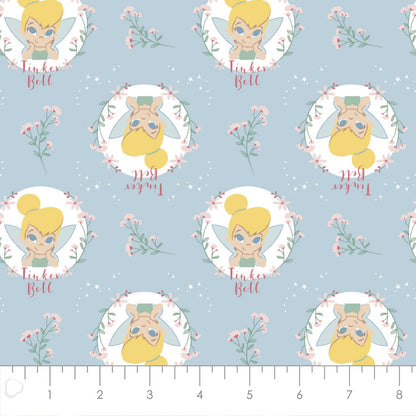 Camelot Fabrics - Peter Pan and Tinker Bell Collection - Floral Badges - Light Blue