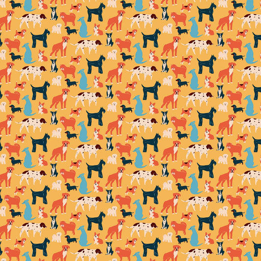 Last cut from bolt - Approx. 16" x width of fabric - FIGO Fabrics - Simple Pleasures - Dogs - Yellow Multi
