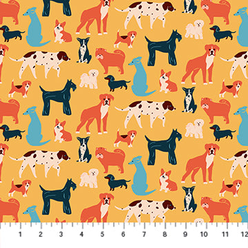Last cut from bolt - Approx. 16" x width of fabric - FIGO Fabrics - Simple Pleasures - Dogs - Yellow Multi