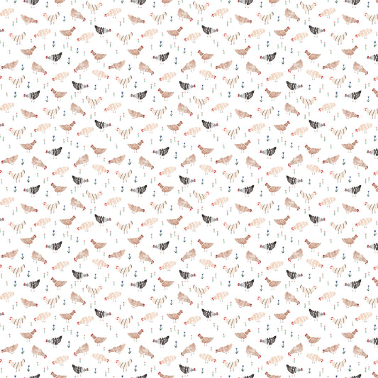 Last cut from bolt - Approx 13 " x Width of fabric - FIGO Fabrics - Wild West - Wild West Chickens White