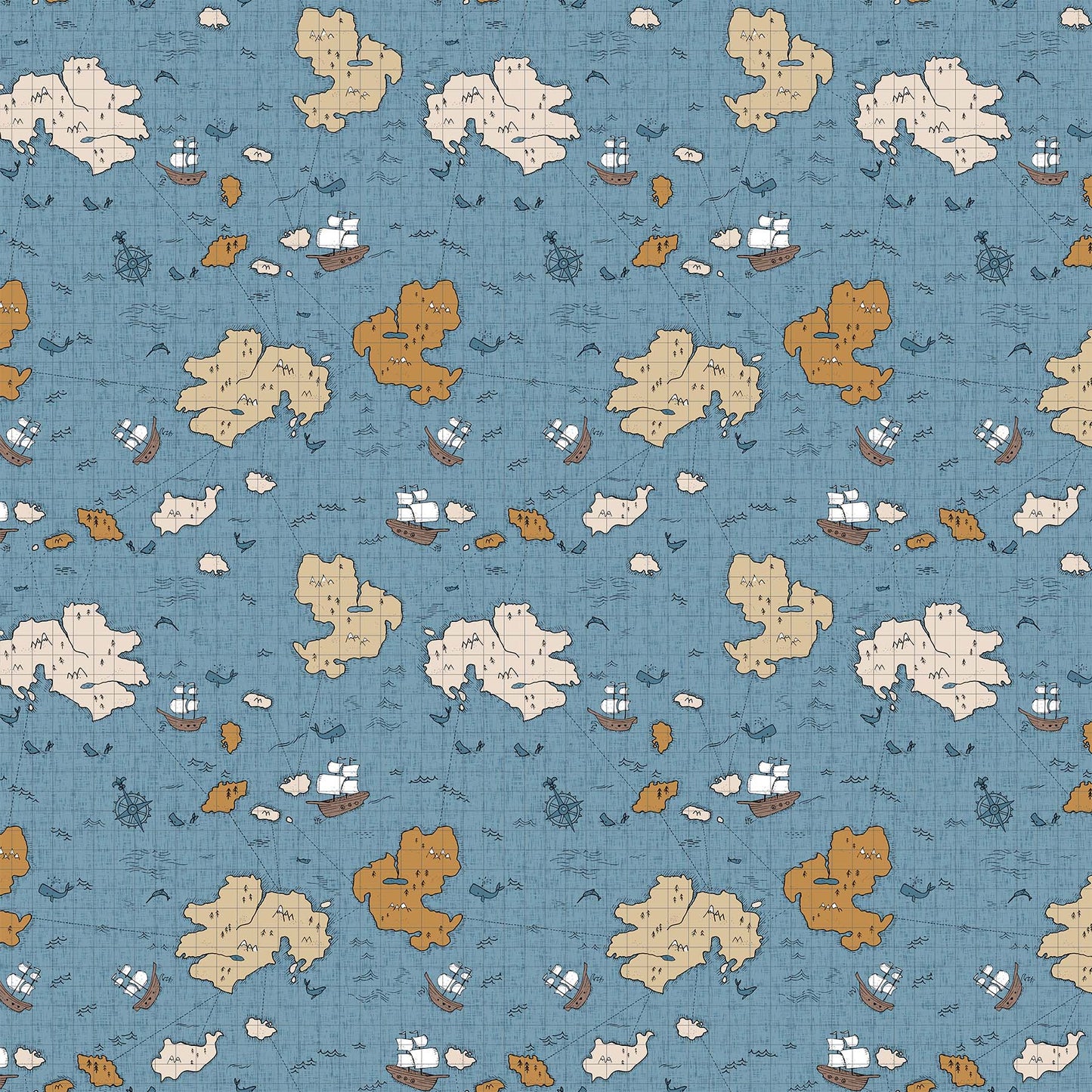 FIGO Fabrics - Calm Waters - Vintage Map - Blue/Multi